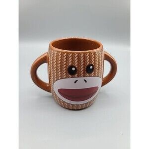 Sock Monkey Coffee Mug Double Handle Ceramic Brown Striped 14 Oz Cup by Galerie